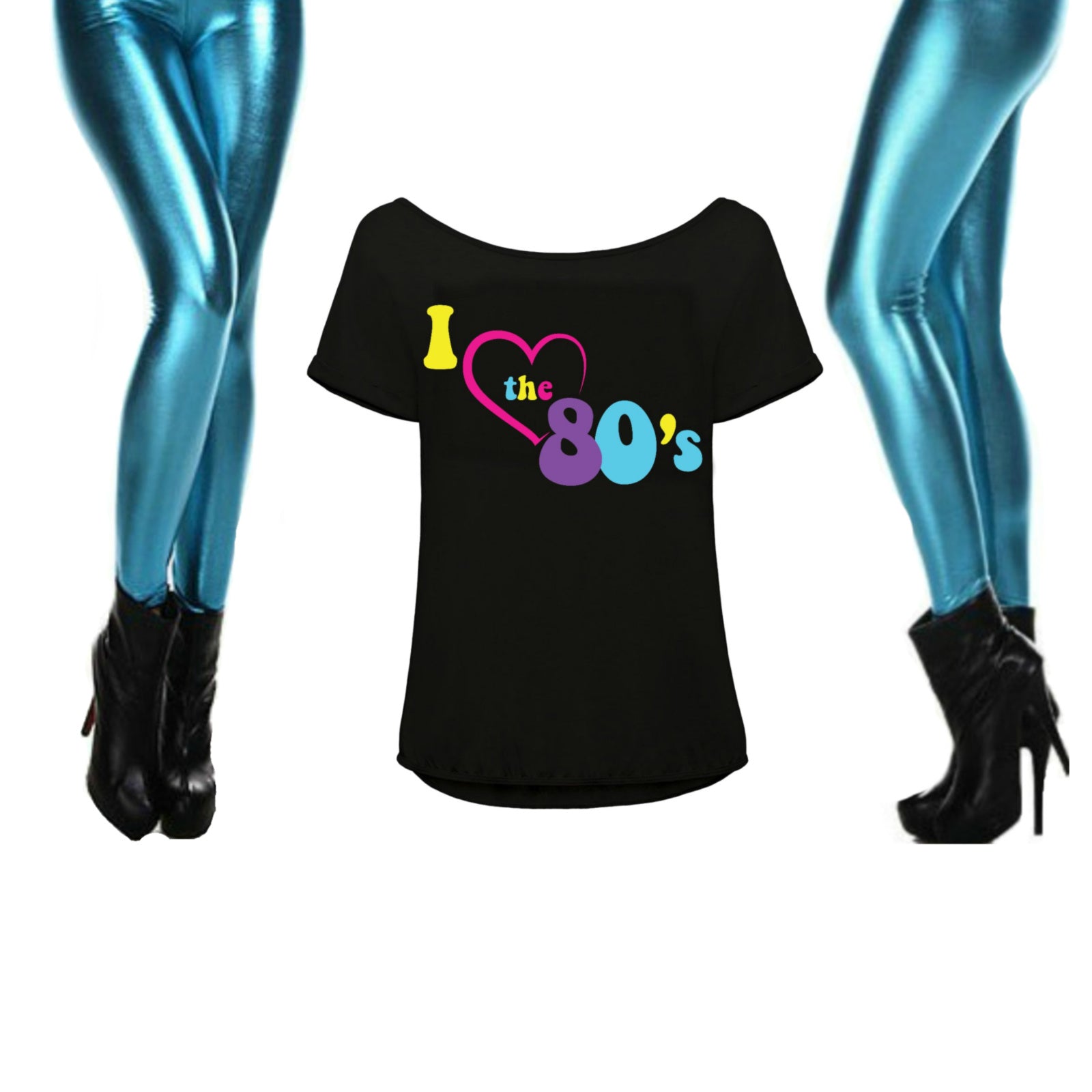 80s Fancy Dress Outfit for Women, T Shirt and Leggings - Party Ideaz
