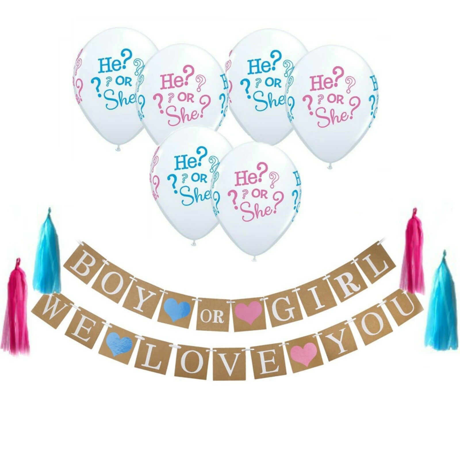 Gender Reveal Decorations, Boy or Girl Banner, He or She Balloons