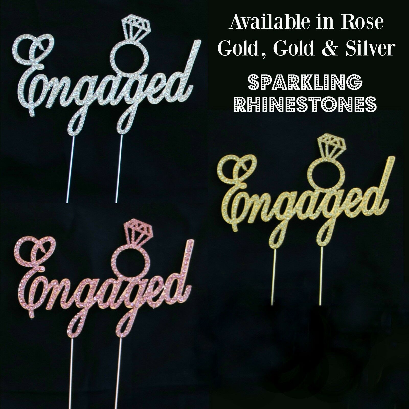 Rhinestone ENGAGED Cake Topper - Rose Gold / Gold / Silver - Engagement Ring