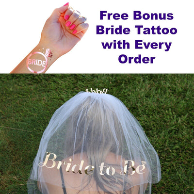 Bride to Be Veil, Hen Party, Bridal Shower Accessories - Bonus Free Tattoo