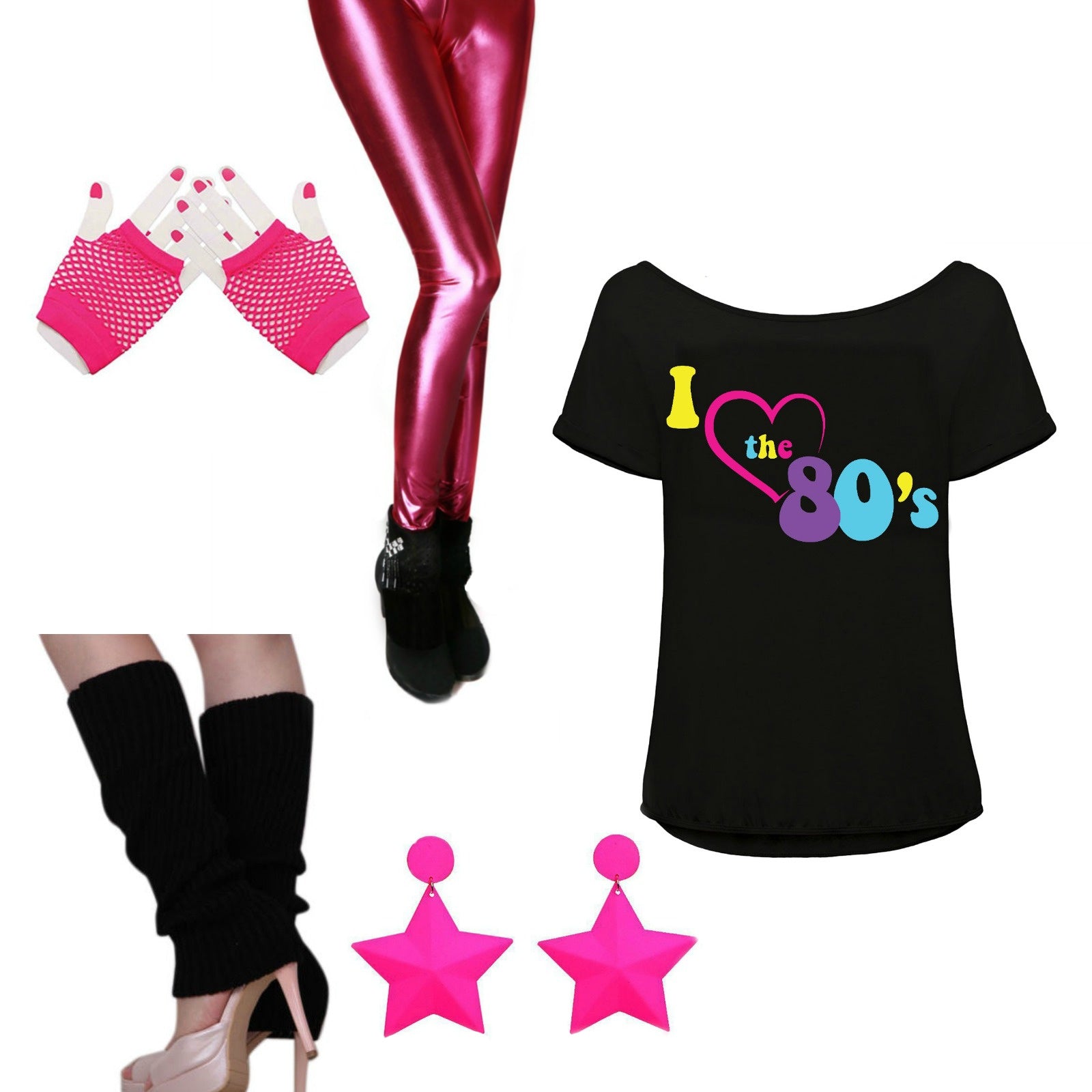 80s Fancy Dress Costume, Leggings, Top and Accessories - Party Ideaz