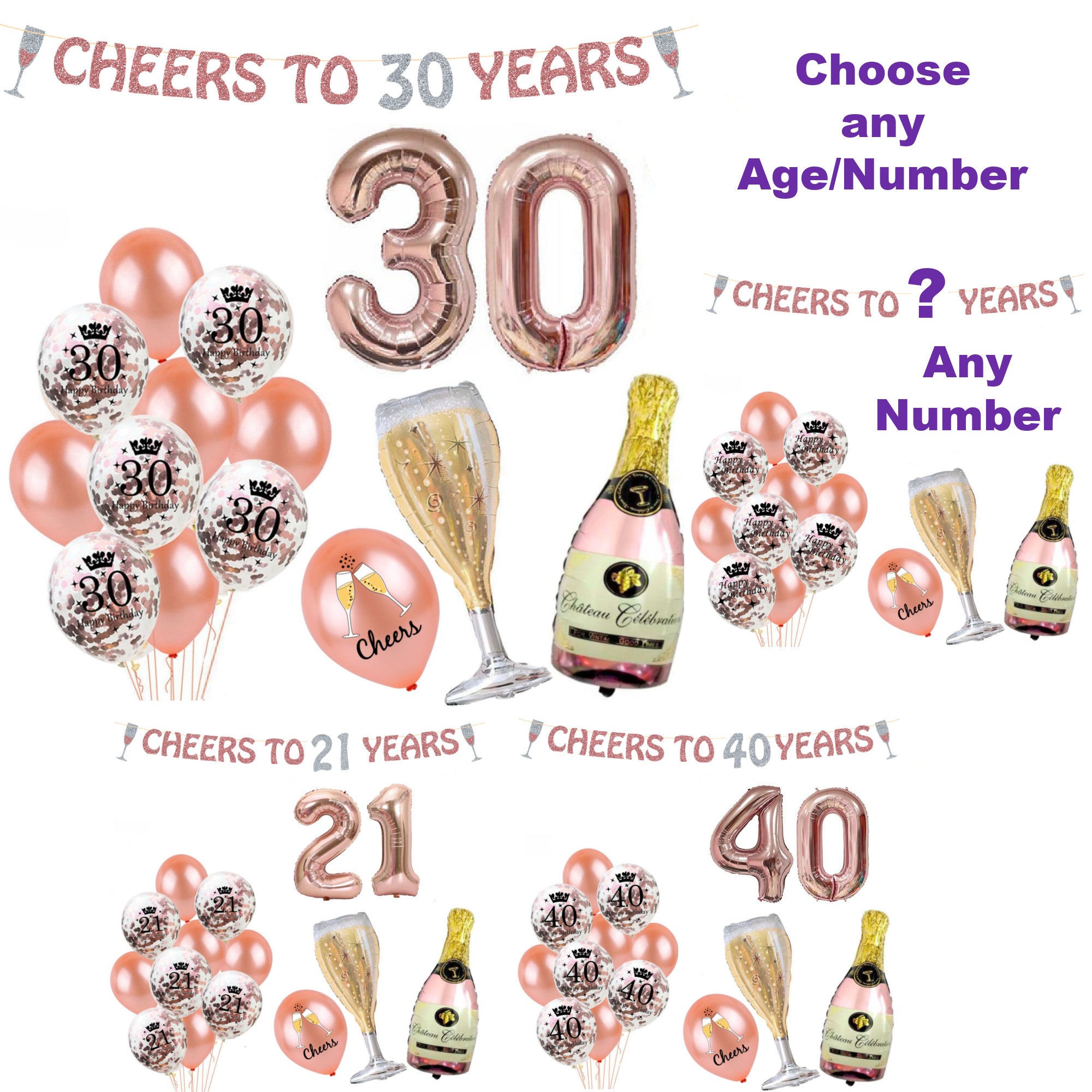 Rose Gold Birthday Decorations, Cheers to 30 Years Banner, All Ages & Anniversary