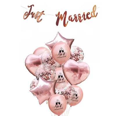 Rose Gold Wedding Decorations, Just Married Banner & Balloons, Just Married Sign