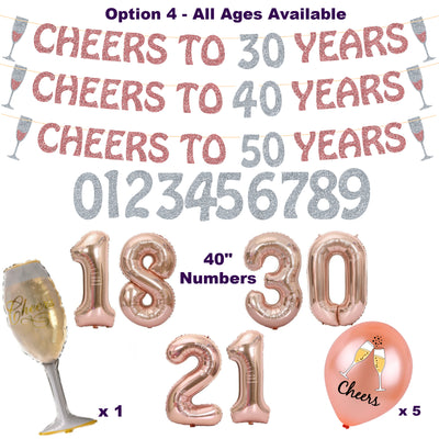 Cheers To Years Decorations, 18, 21, 30, 40, 50, 60 and all Ages - Birthday, Anniversary
