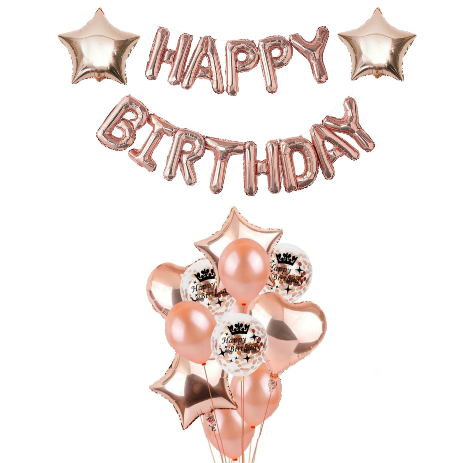 Rose Gold Birthday Decorations, Happy Birthday and Balloon Bouquet