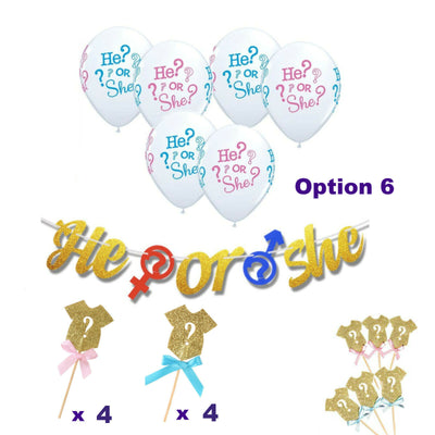 Gender Reveal Decorations, He or She Cupcake Toppers, Games, Banner, Balloons