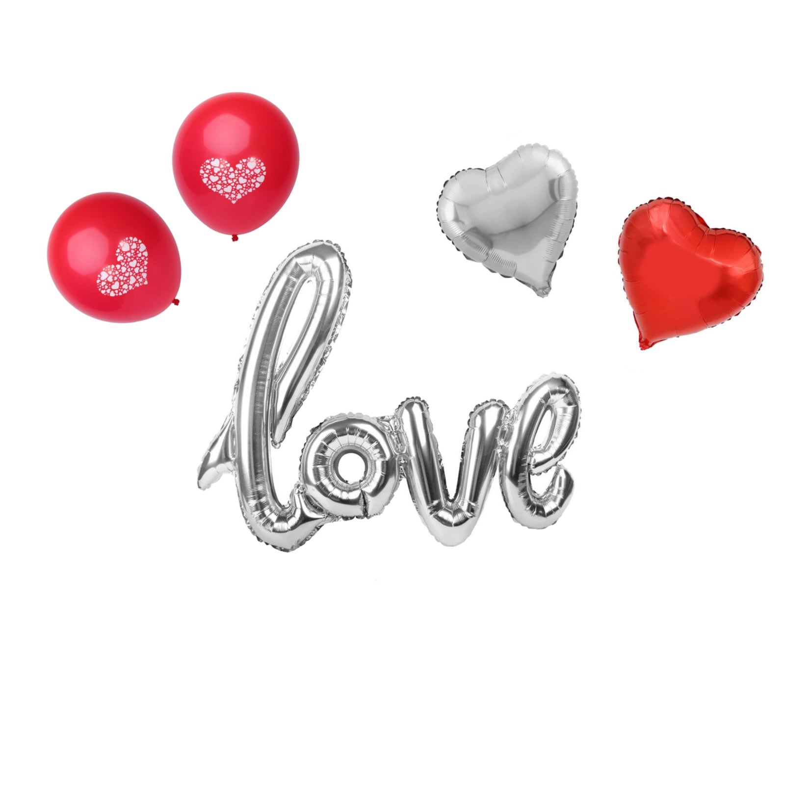 Silver Love Balloons Set, Silver & Red Heart Balloons